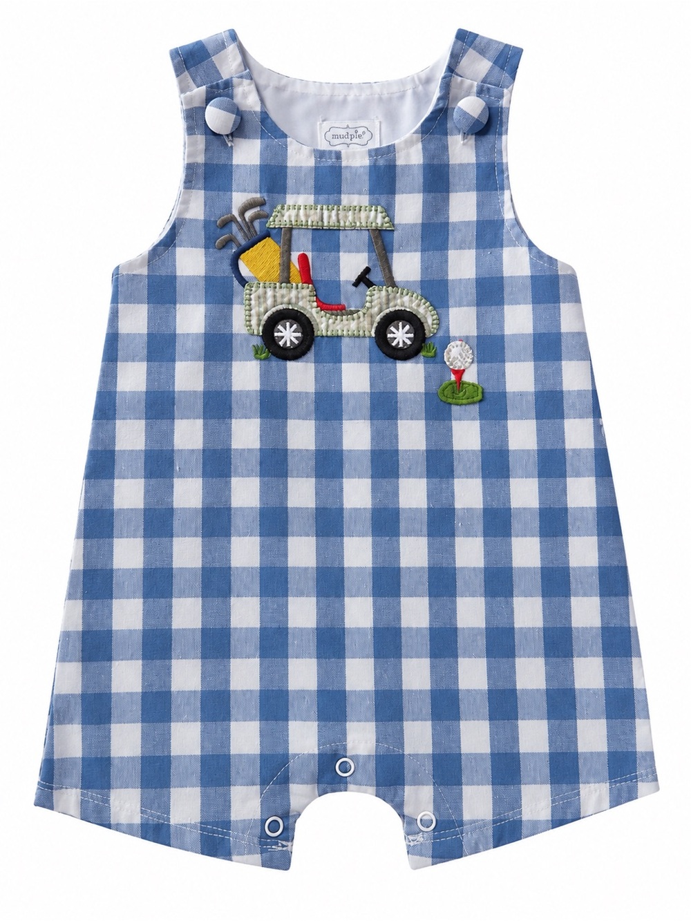 Mud Pie Blue and White Gingham Golf Cart Romper Size 6-9 months
